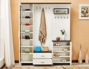 White Modern Design Coat Hanger and Shoe Storage Cabinet